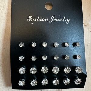 New 12 Pairs Round Cubic Zirconia Stud Silver Earrings Different Sizes